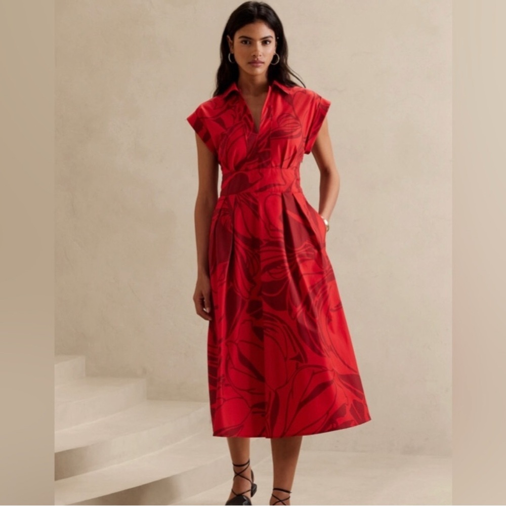 Banana Republic Red Band Waist Poplin Midi Dress